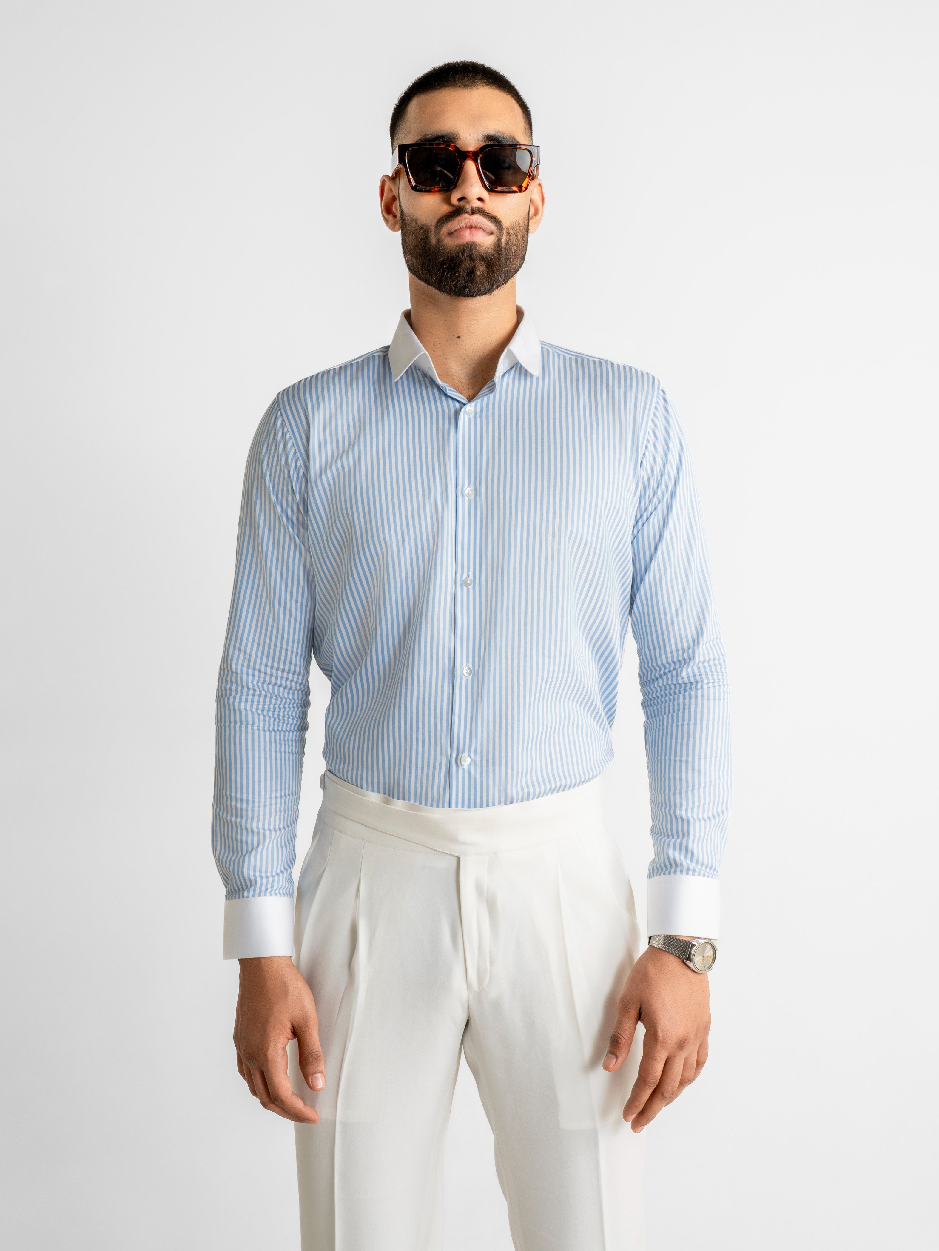 Blue Stripe Poplin Shirt - White Collar