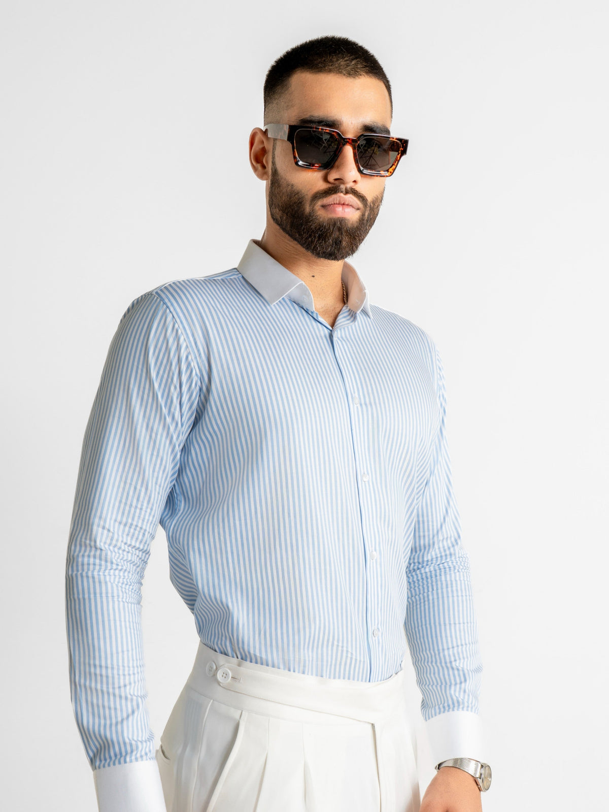 Blue Stripe Poplin Shirt - White Collar