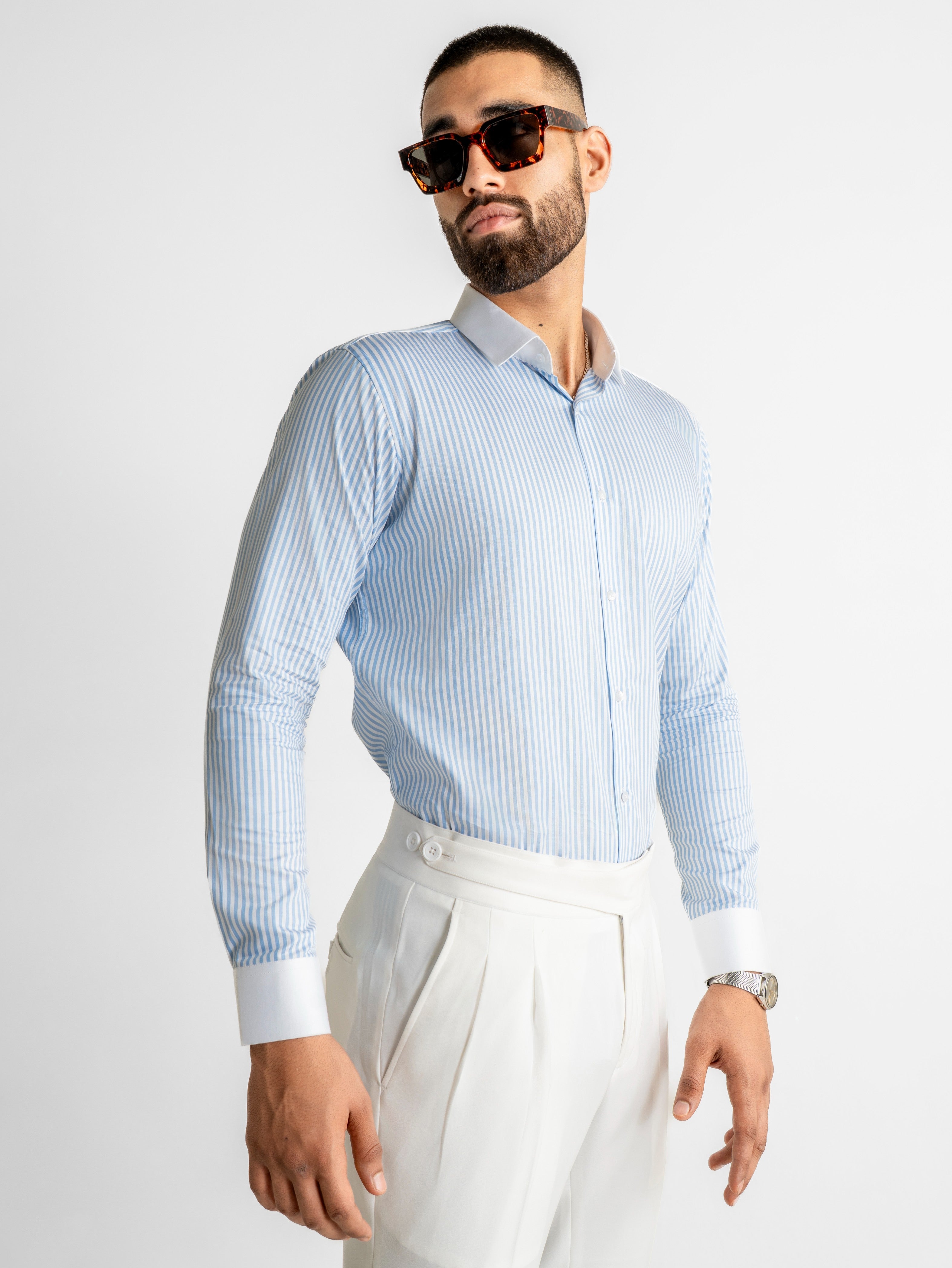 Blue Stripe Poplin Shirt - White Collar