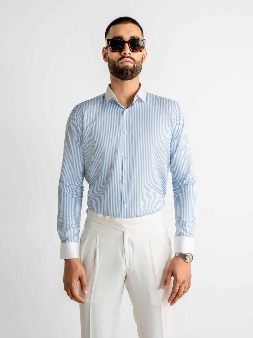 Blue Stripe Poplin Shirt - White Collar
