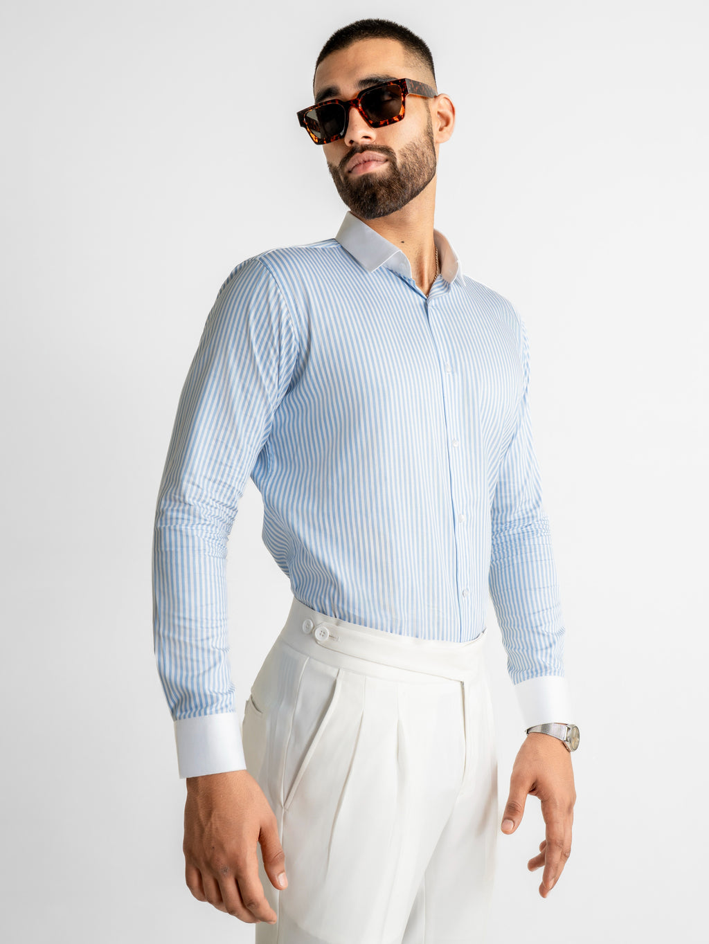 Blue Stripe Poplin Shirt - White Collar